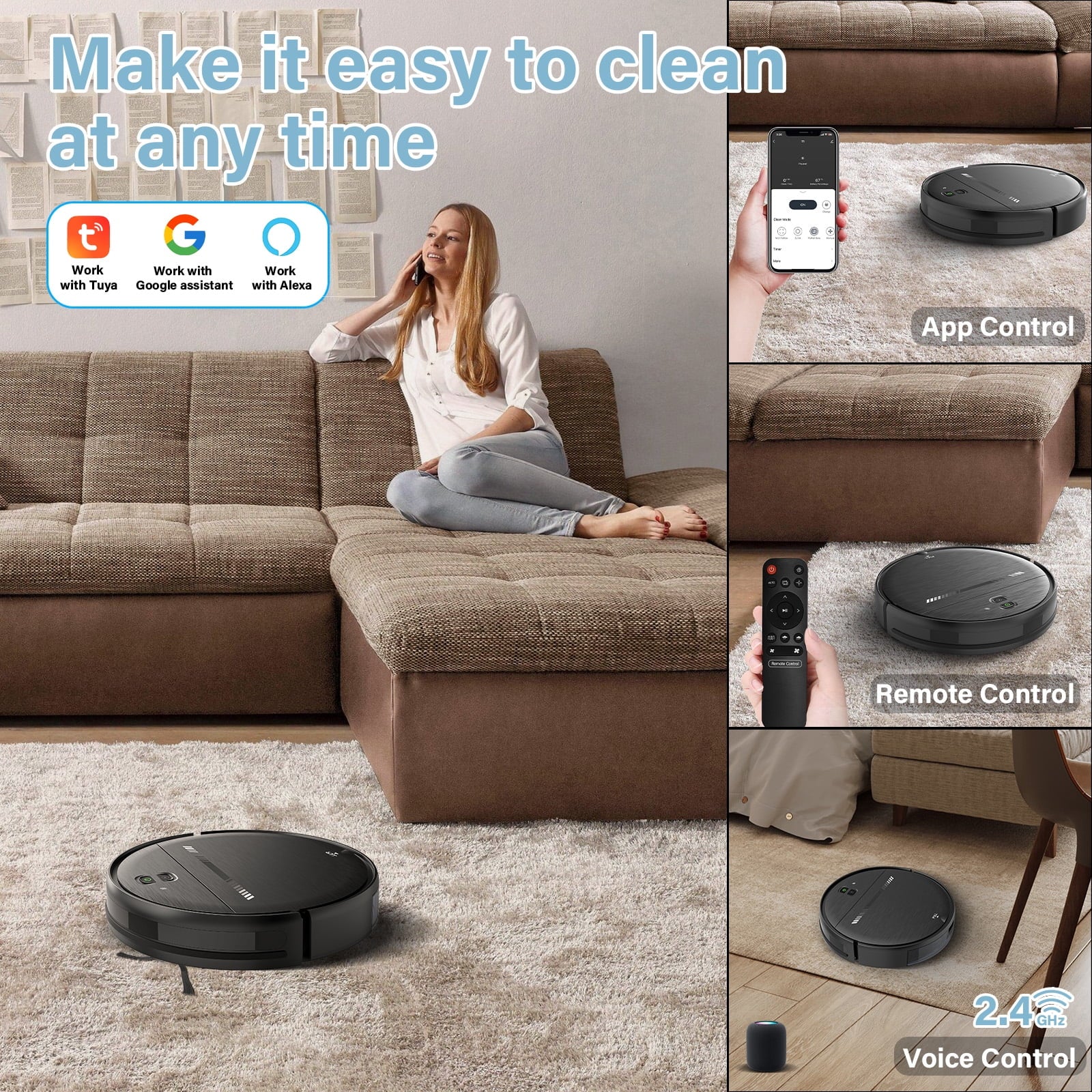 Robot Vacuum Cleaner and Mop Combo with App Wifi and Remote Control Robotic Vacuums, Black