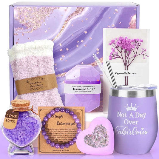 Mothers Day Gift Baskets for Women under 20, 10 Pack Spa Bath Gift Sets, Bath and Body Baskets Set Holiday Gifts for Mom, Purple